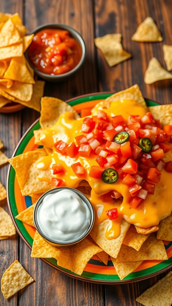 A delicious plate of cheesy nachos with tomatoes and jalapeños, served with sour cream and salsa.